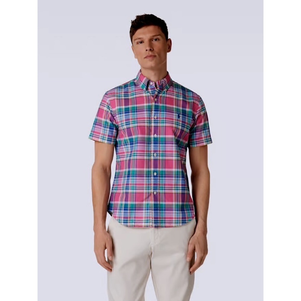 Polo Ralph Lauren Mens XL Pink Blue Plaid Short Sleeve Button‎ Down Pony Logo